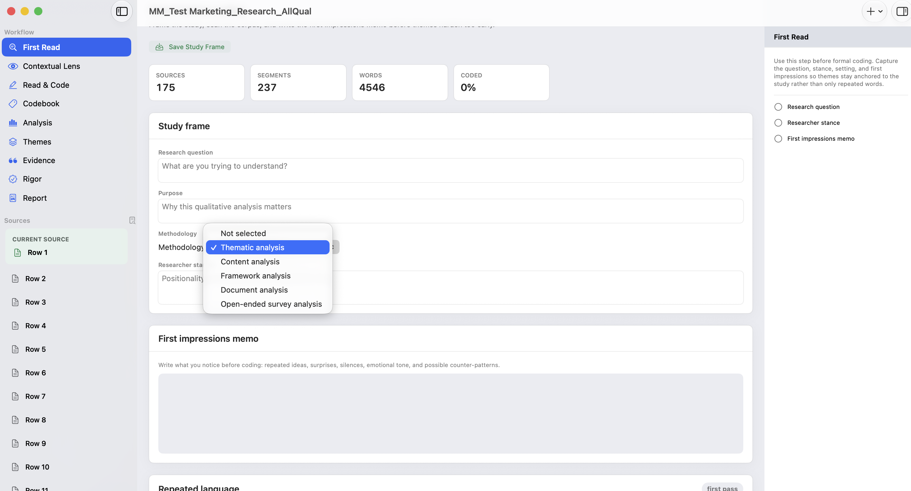 ReliCheck Quala First Read step showing corpus statistics, study frame, methodology picker, and first impressions memo