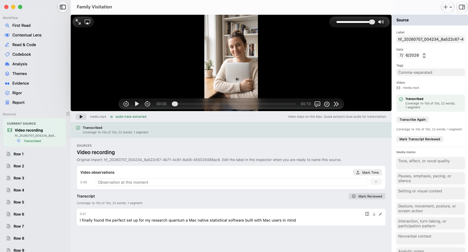 ReliCheck Quala transcribing an interview video on-device, with the transcript and source inspector beside the player